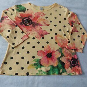 Jess & Jane Yellow Multi Dot & Floral Pull Over T Shirt Top Sz L